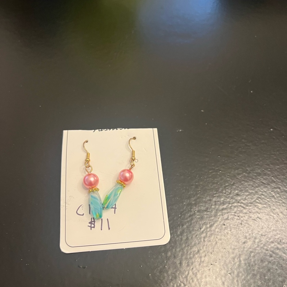 Pink Pearl and Aqua Beaded Drop Earrings - Women Jewelry